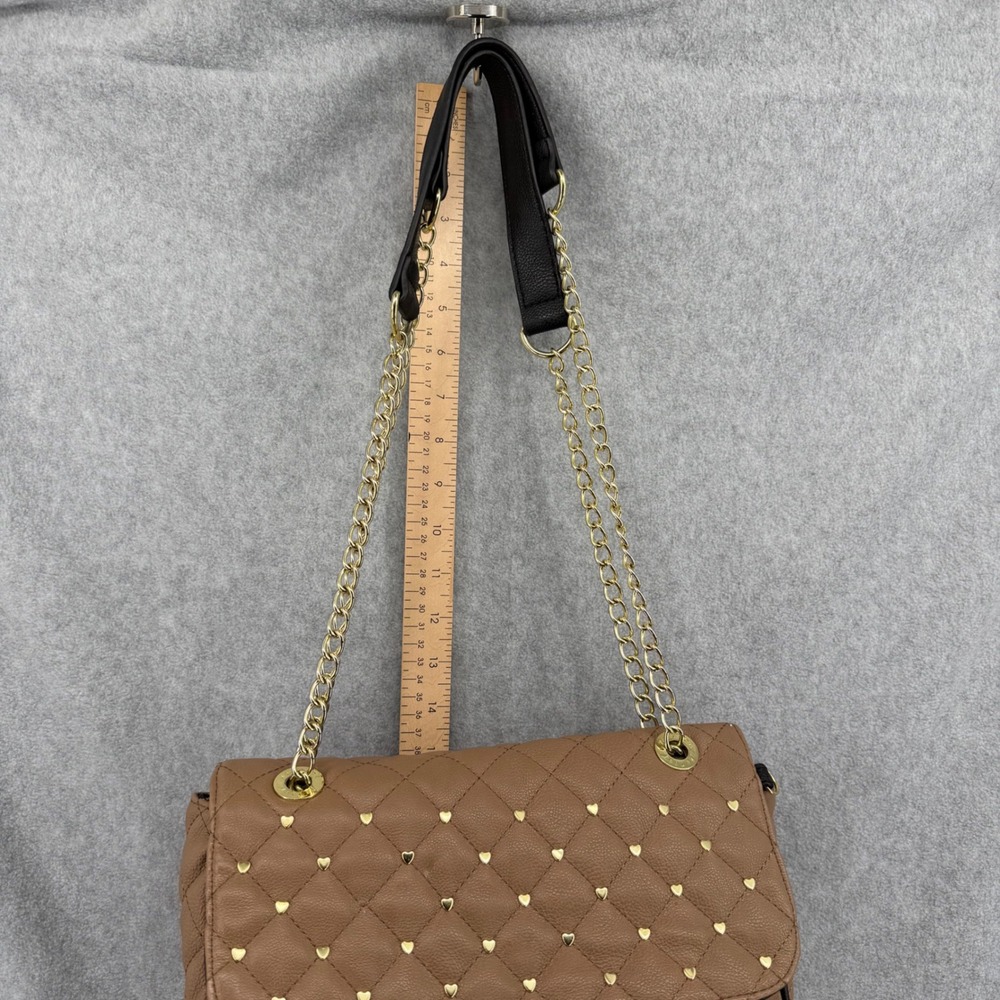 Betsey Johnson Tan Quilted Heart Studded Shoulder Bag Gold Chain Adjust Strap - Picture 8 of 16